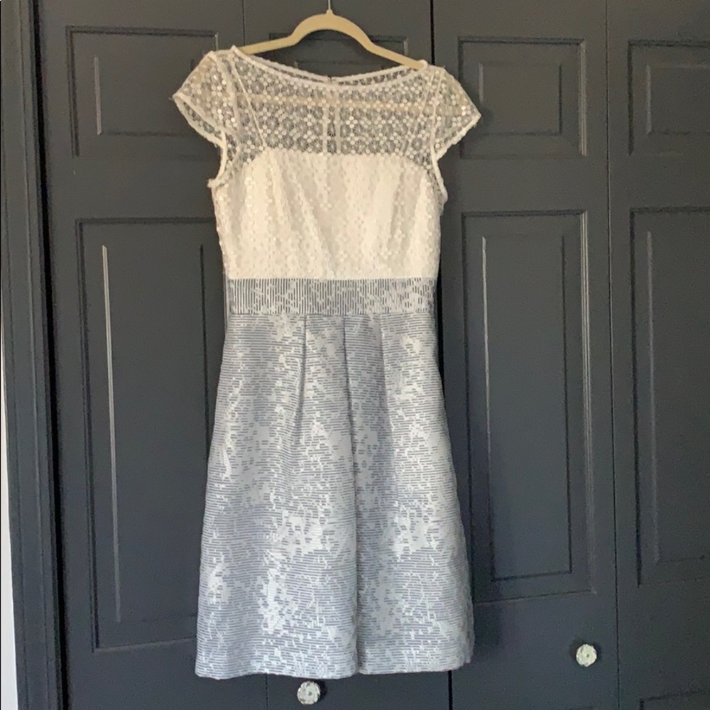 Kay Unger blue and white jacquard and lace dress.